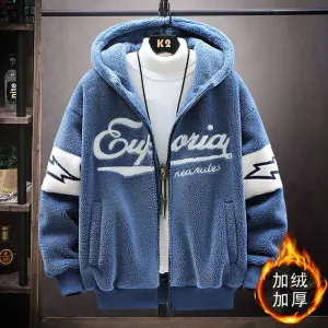 2024 Autumn/Winter New Fashion Printed and Fleece Thick Warm Hooded Coat Men's Casual Loose Large Size High Quality Coat M-3XL