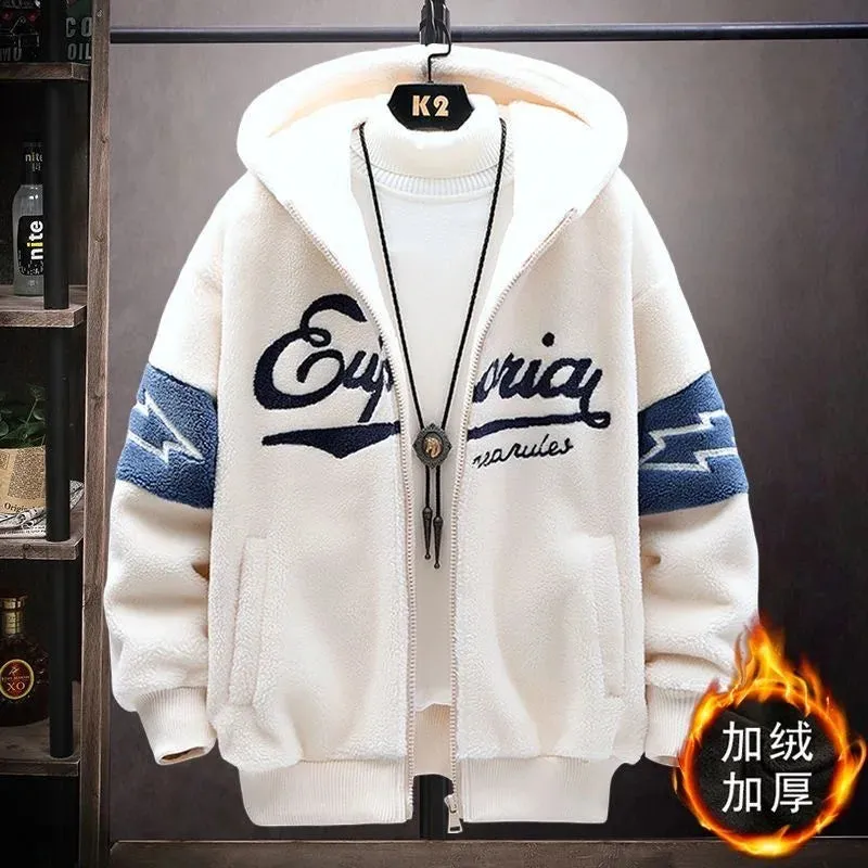 2024 Autumn/Winter New Fashion Printed and Fleece Thick Warm Hooded Coat Men's Casual Loose Large Size High Quality Coat M-3XL