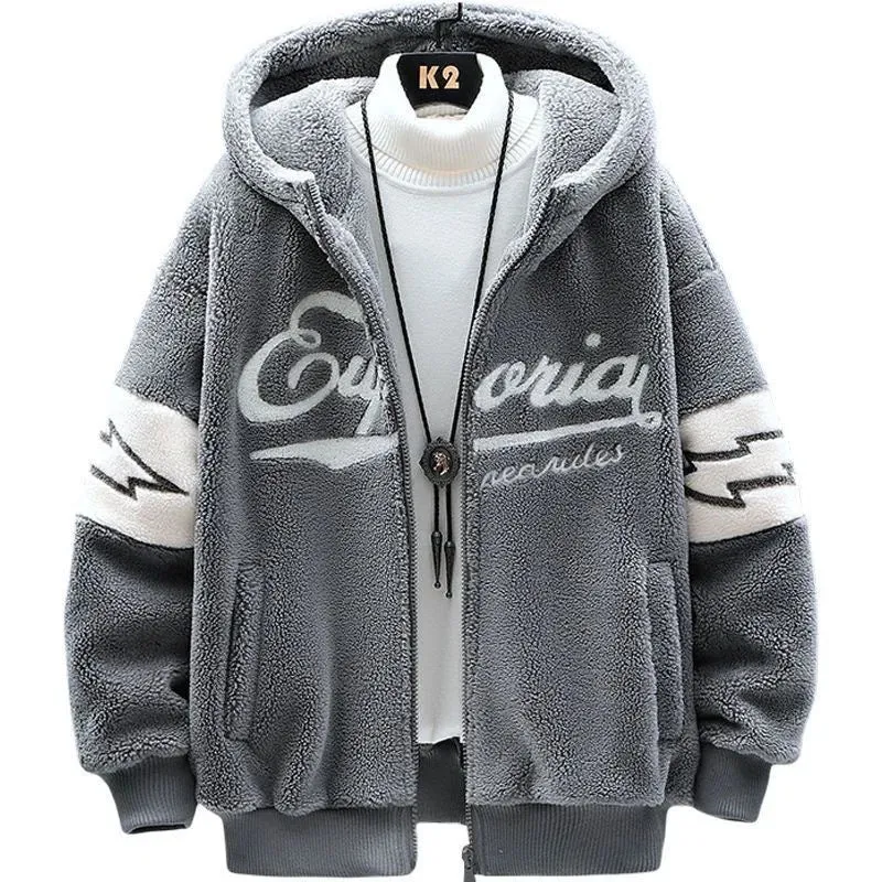 2024 Autumn/Winter New Fashion Printed and Fleece Thick Warm Hooded Coat Men's Casual Loose Large Size High Quality Coat M-3XL