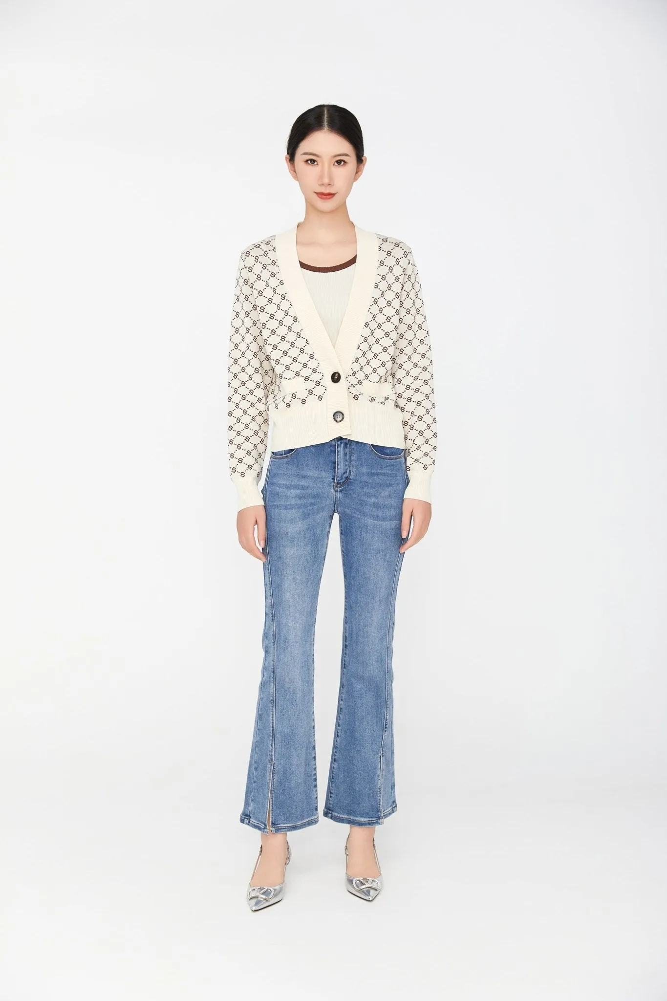 Beige Open Front Knit Printed Cardigans Sweater