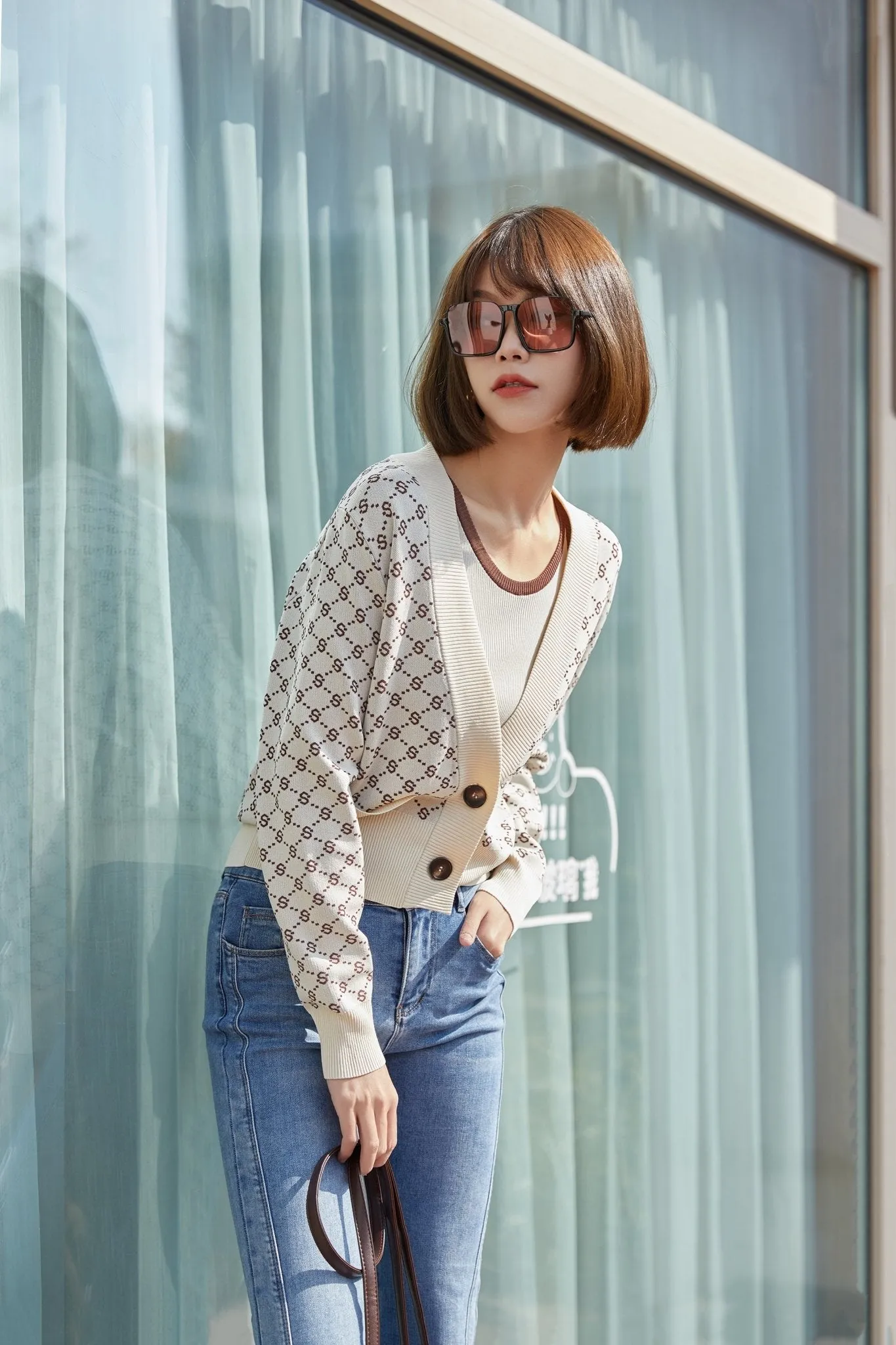 Beige Open Front Knit Printed Cardigans Sweater