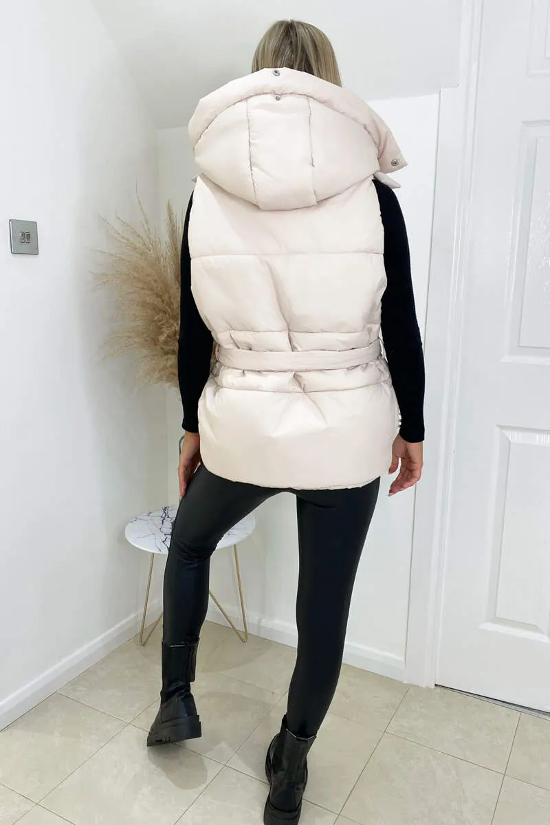 Beige Tie Waist Hooded Gilet