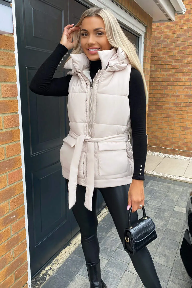 Beige Tie Waist Hooded Gilet