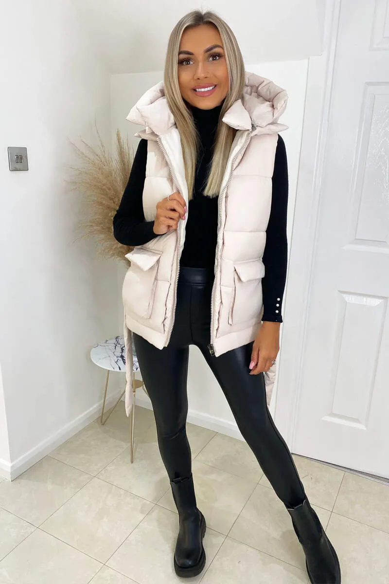 Beige Tie Waist Hooded Gilet