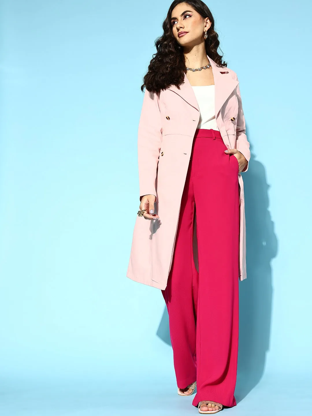 Berrylush Women Solid Pink Notched lapel Neck Double-Breasted Front Button-Up Cotton Longline Overcoat