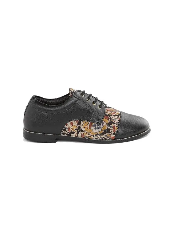 Black Floral Kalamkari Block Printed Handcrafted Derby Shoes