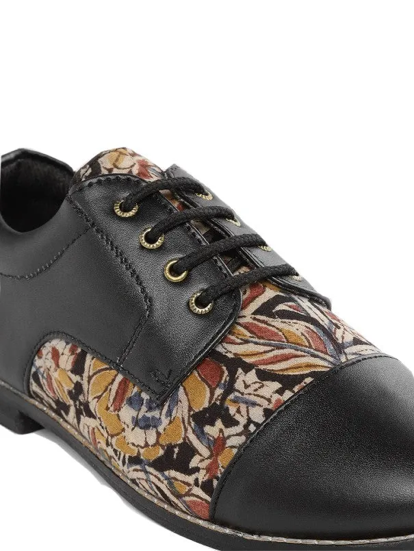 Black Floral Kalamkari Block Printed Handcrafted Derby Shoes