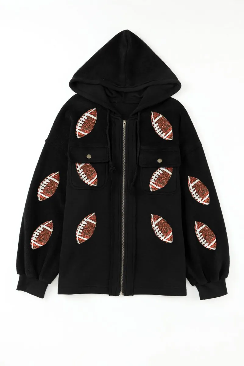 Black Zipper Sequin Football Hooded Jacket