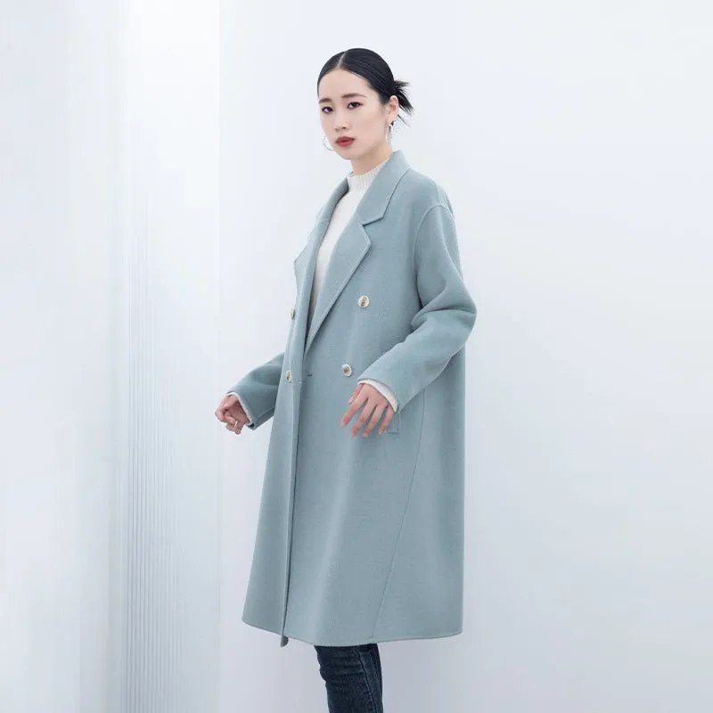 Blue Green Long Double Breasted Wool Coats