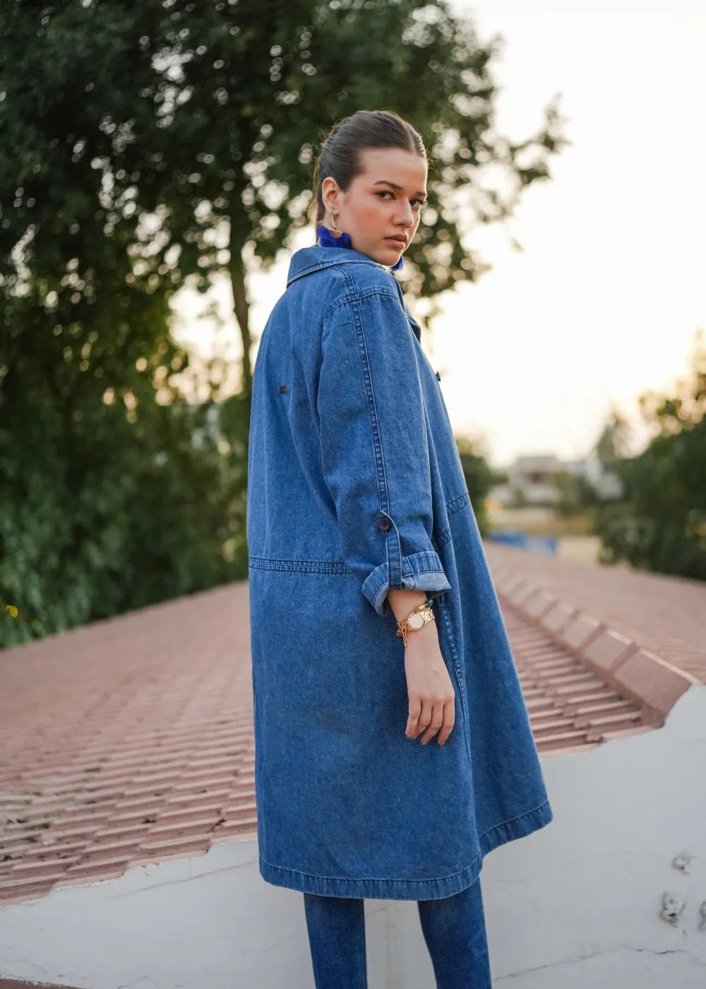 Blue Lapel Long Coat-Her