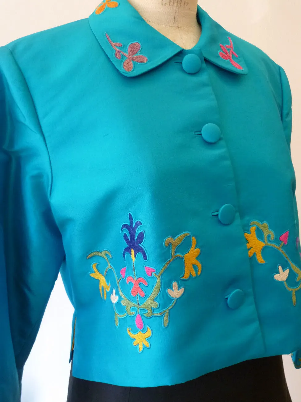 Box Jacket Vintage Suzani Embroidery Turquoise Yellow