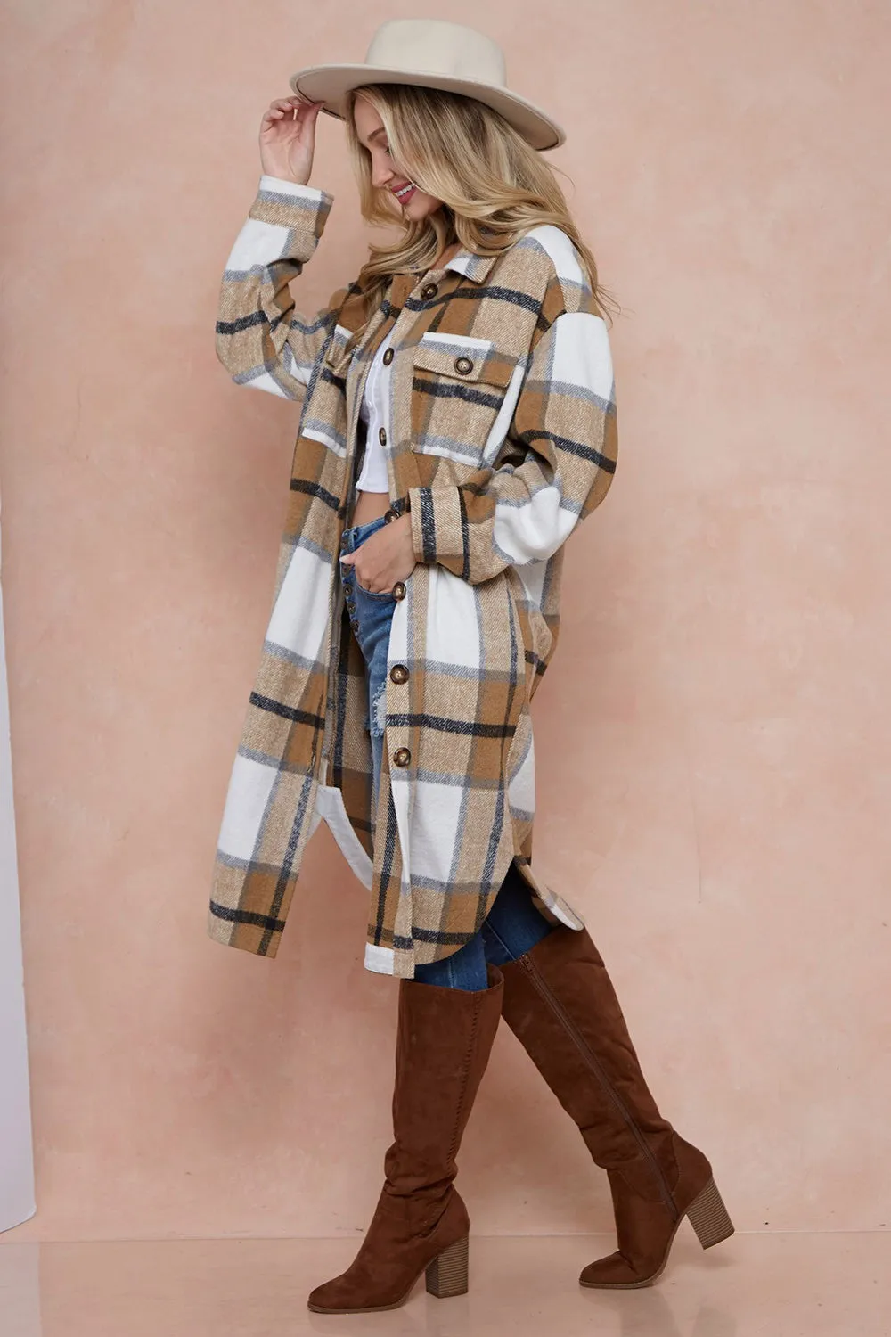 Brushed Flannel Plaid Button Down Long Shirt Coats Shacket Jacket