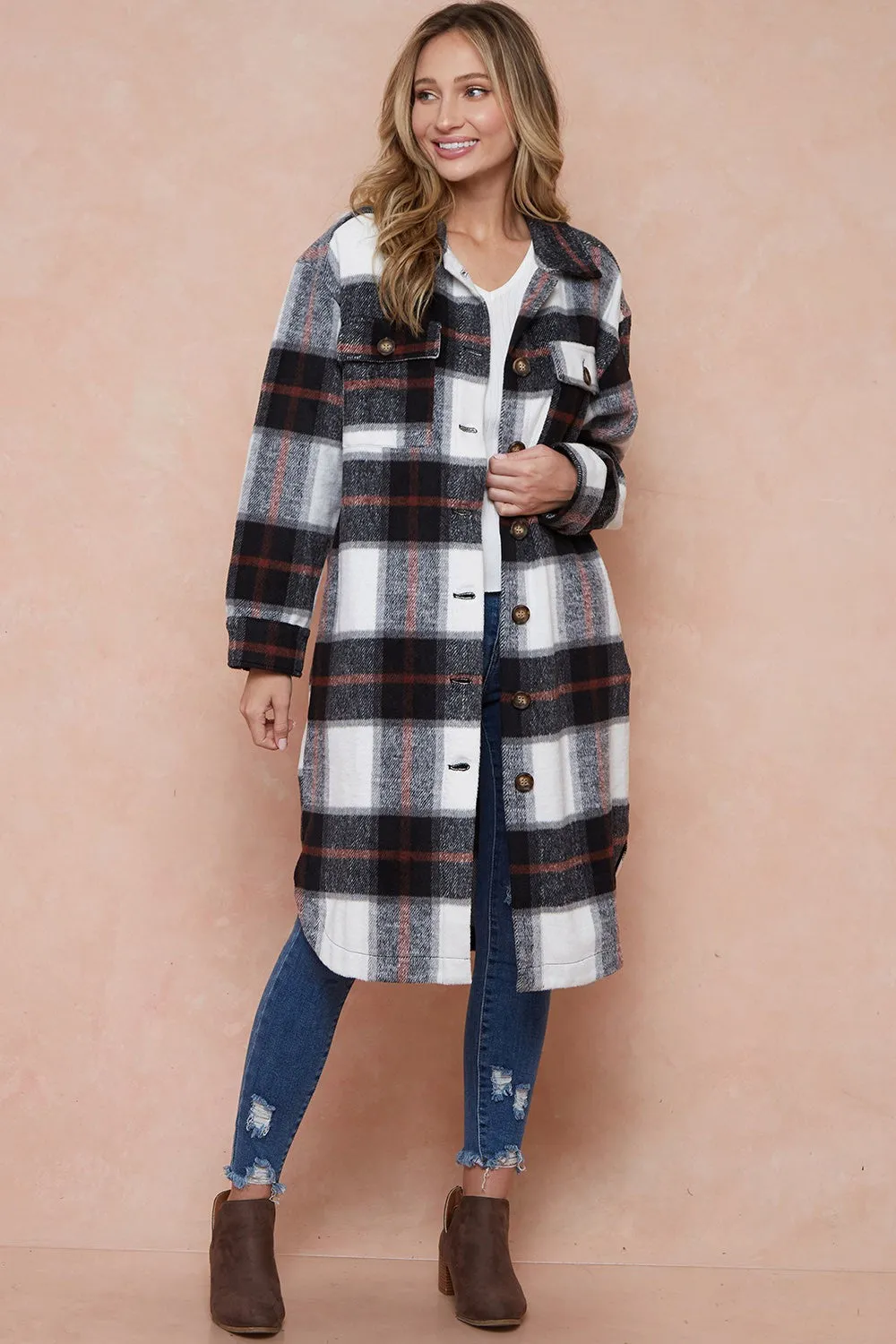 Brushed Flannel Plaid Button Down Long Shirt Coats Shacket Jacket