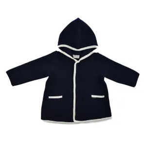 Button Down Coat With Hood - Navy with White Trim