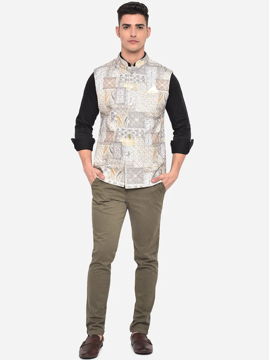 Cream Pista Grey Printed Bandhgala Jacket | JB Studio