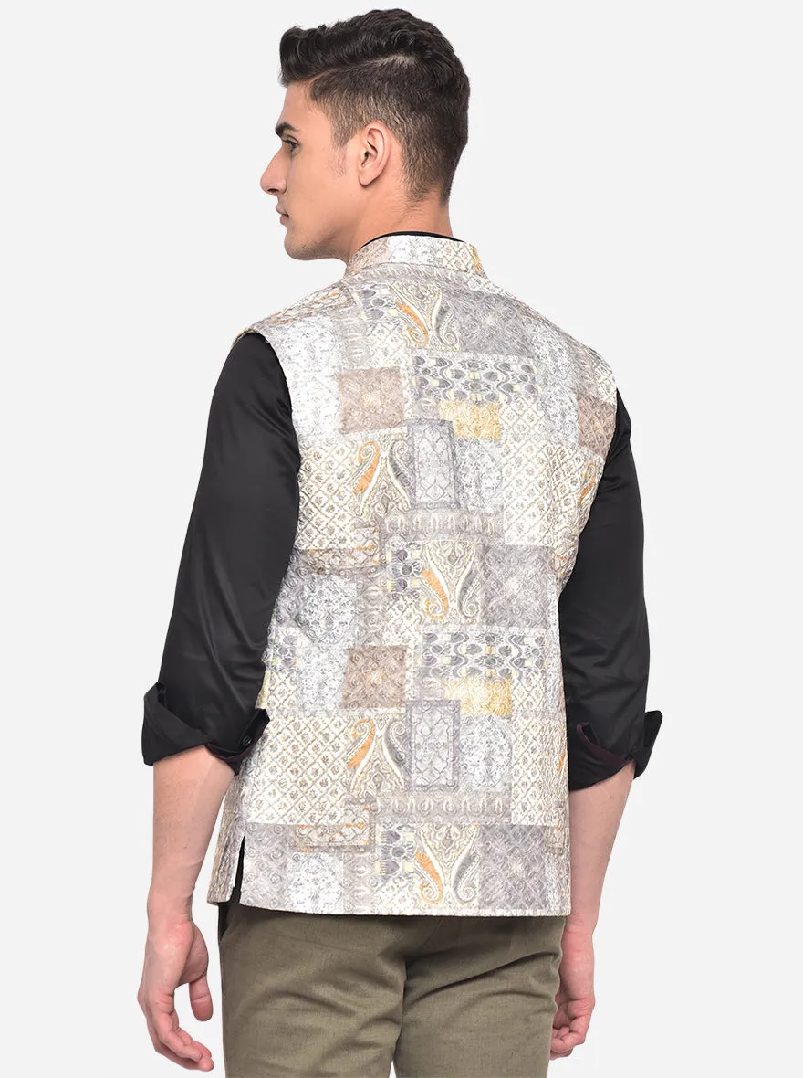 Cream Pista Grey Printed Bandhgala Jacket | JB Studio