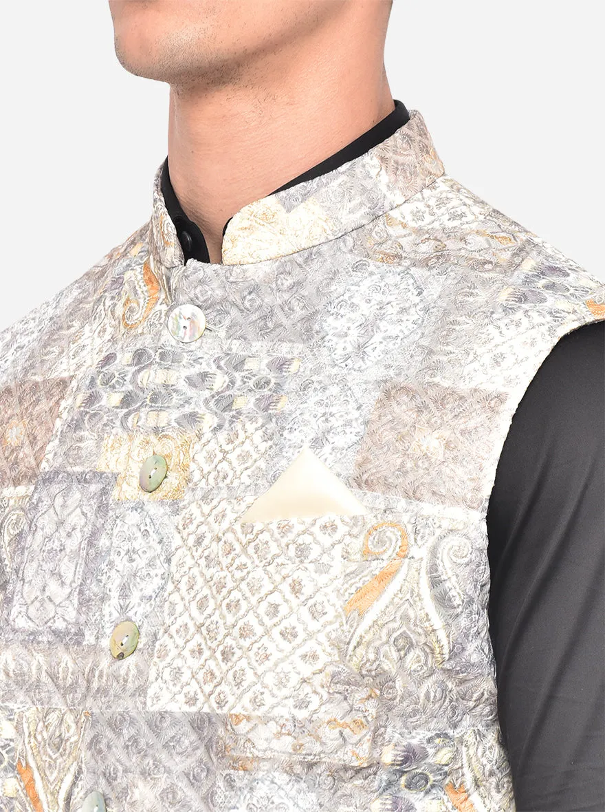 Cream Pista Grey Printed Bandhgala Jacket | JB Studio