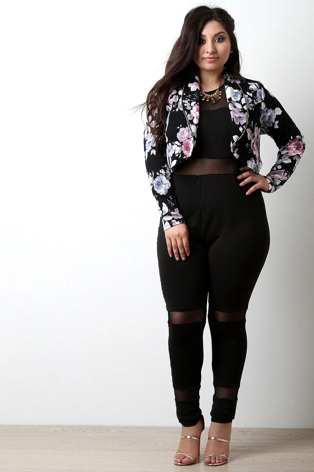 Crepe Knit Floral Open Front Crop Blazer