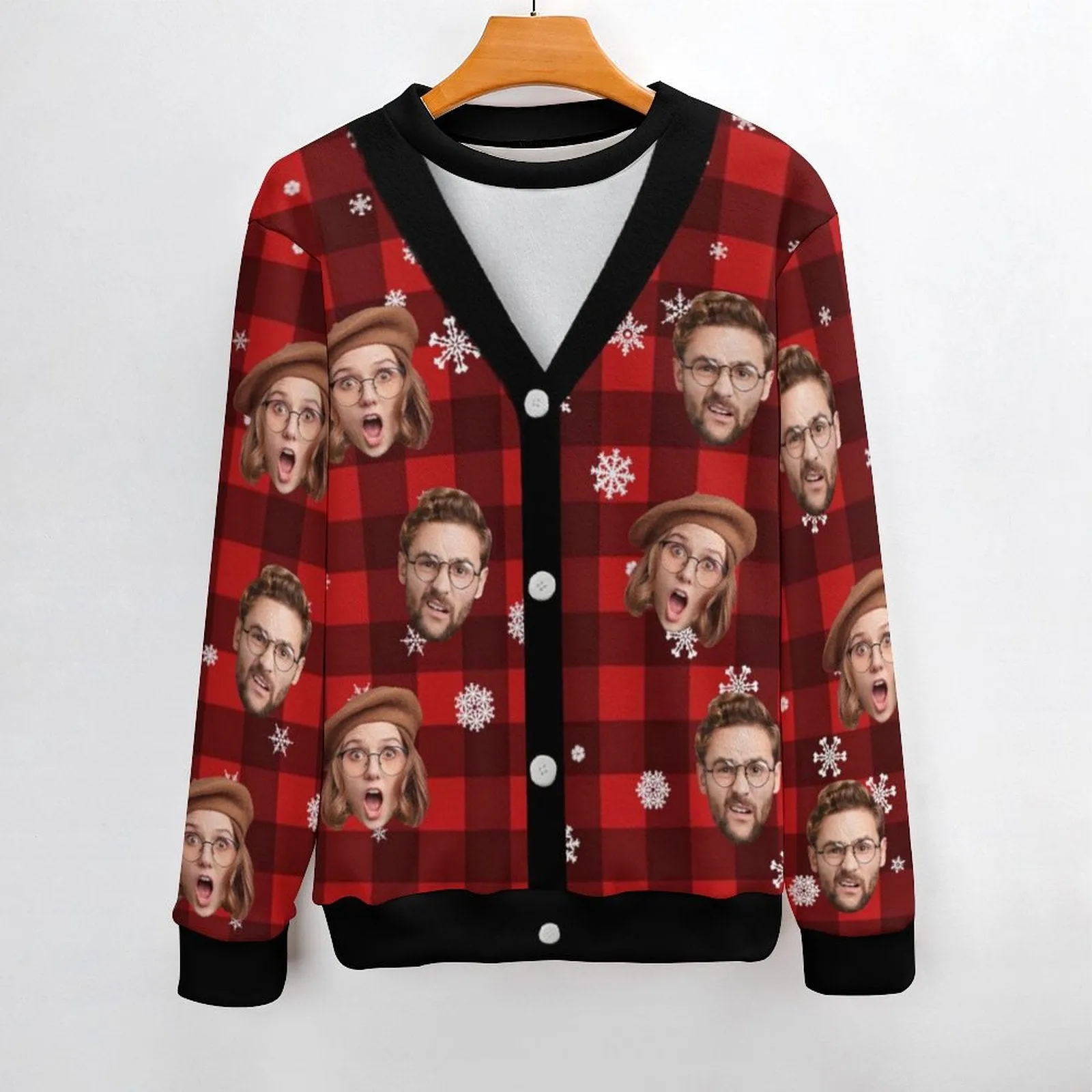 Custom Face Christmas Red Grid Pattern Fake Cardigan Unisex Crew Neck Sweater