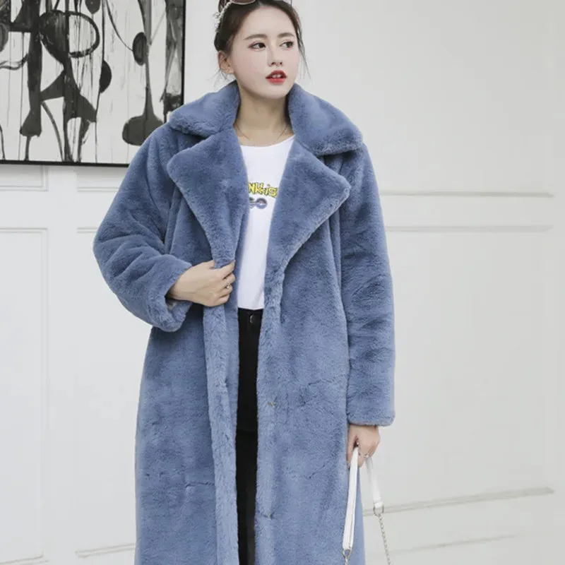 Elegant Fashion Female Faux Rabbit Warm Long Street Women's Slim Jacket