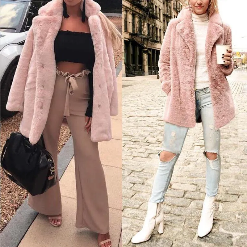 Elegant pink faux fur streetwear Autumn winter warm plush teddy overcoat Jacket