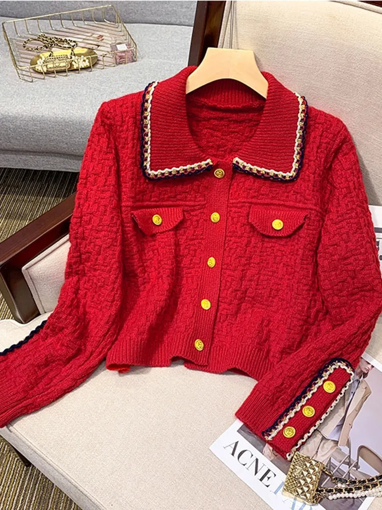 Fashion Button Up Women Cardigan Knitted Korean Turn Down Collar Red Sweater Fall Chic Short Jacket Elegant Ladies Coats