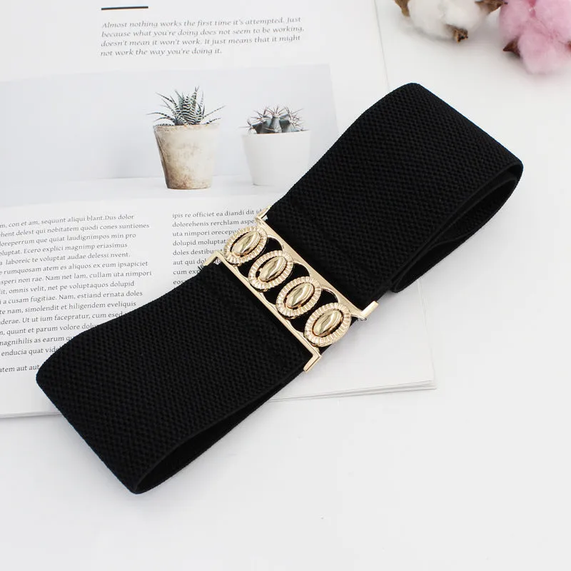 Golden Buckle Wide Elastic Belt for Womens Dresses and Coats