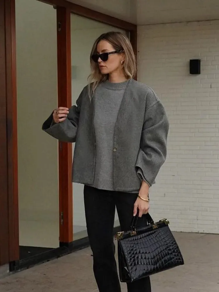 Grey Single Button V-neck Women's Crop Coats Long Sleeve Loose Vintage Female's Jackets Autumn Winter Chic Casual Basic Top