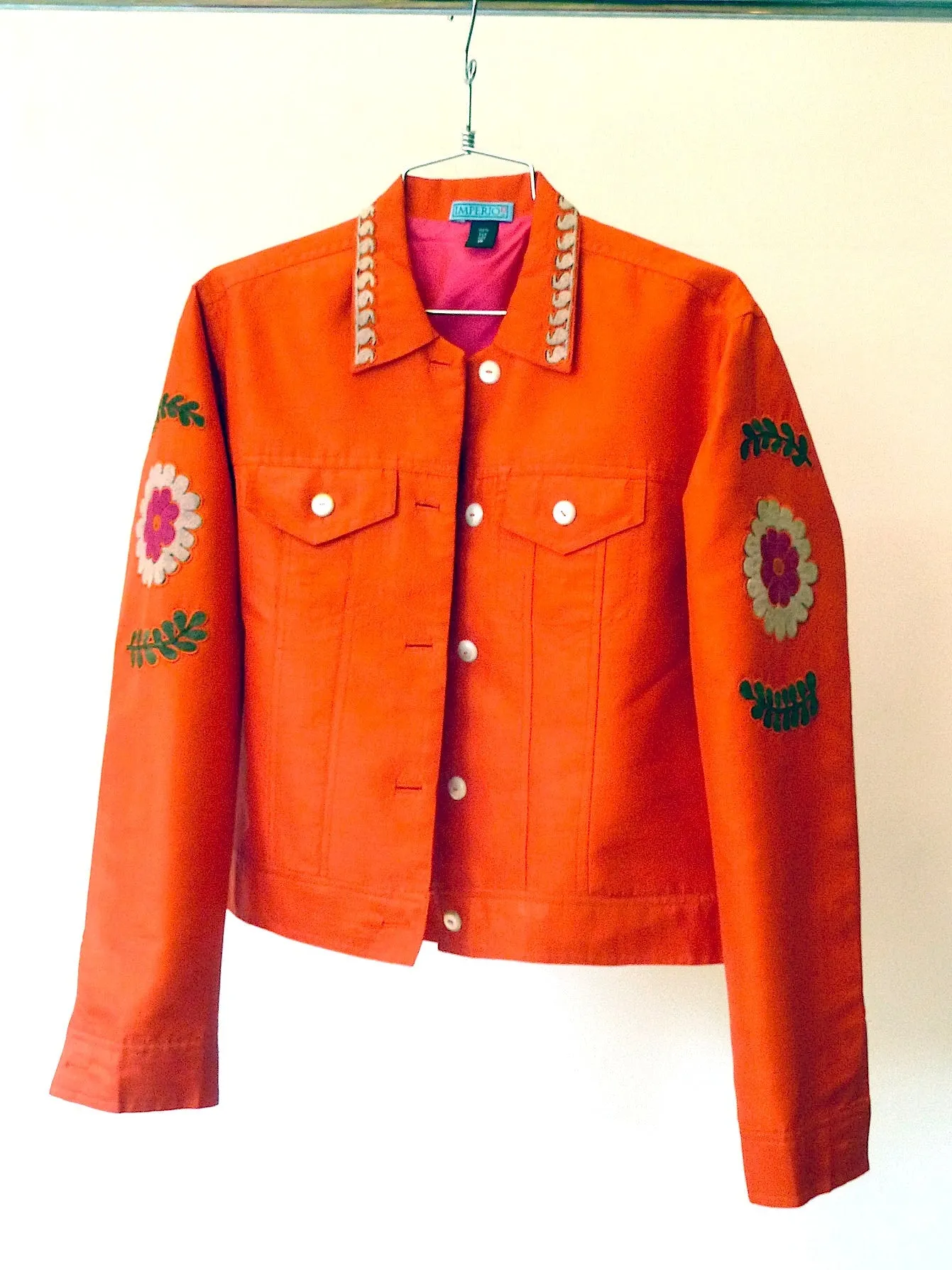 Jean Jacket Vintage Suzani Embroidery Orange Fuchsia