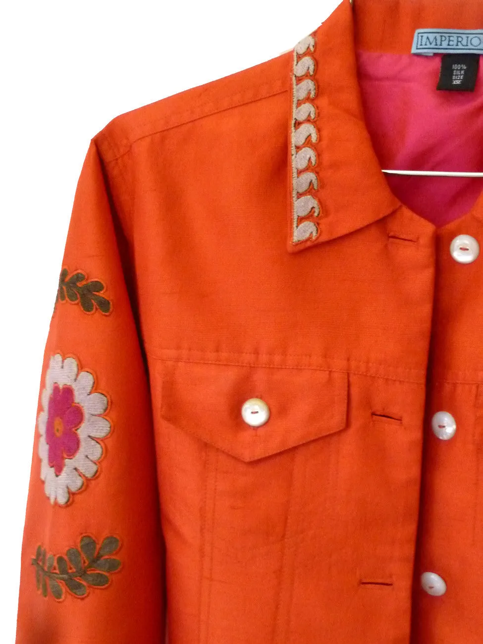 Jean Jacket Vintage Suzani Embroidery Orange Fuchsia