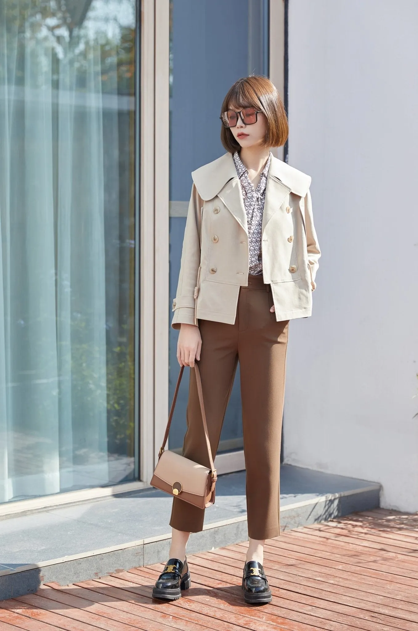 Khaki Short Double Breasted Trench Coat