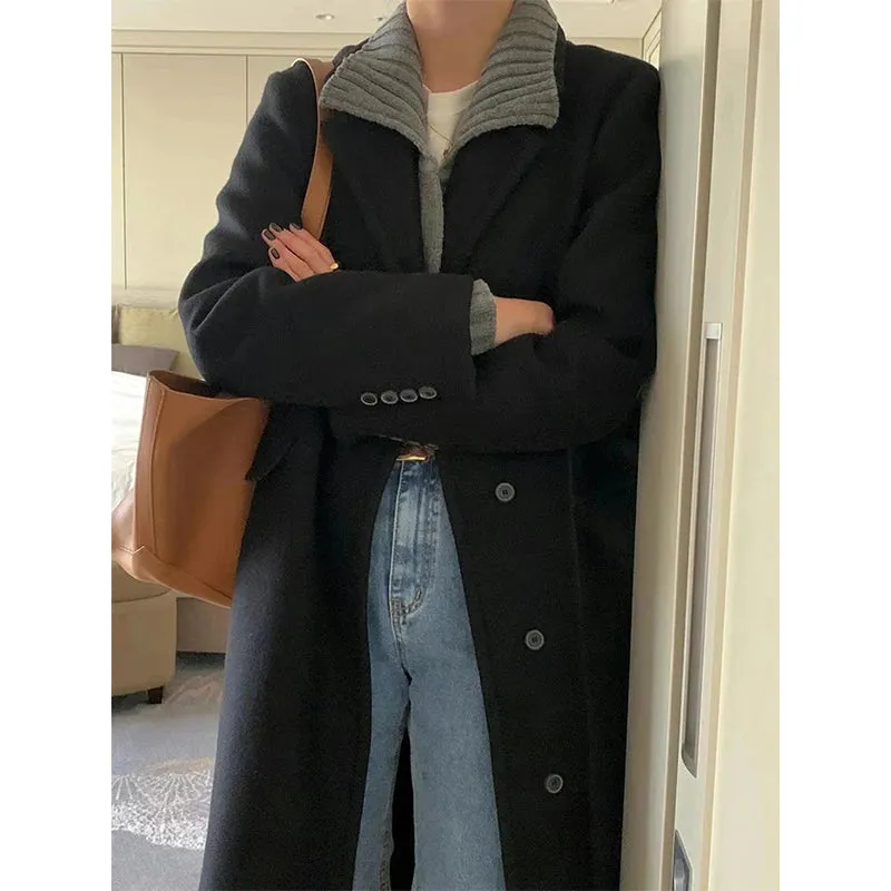 Long Wool Blends Coats Women Streetwear Black Woolen Jackets Elegant Commute Blazer Overcoat Winter Korean Chic Outerwear