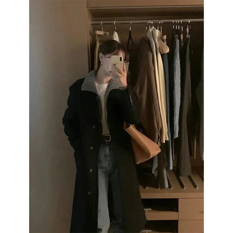 Long Wool Blends Coats Women Streetwear Black Woolen Jackets Elegant Commute Blazer Overcoat Winter Korean Chic Outerwear