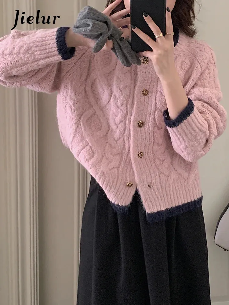 Loose O-neck Single-breasted Chic Cardigan Women Autumn Korean Retro Knitted Pink Jackets Solid Color Sweet Sweater Coats