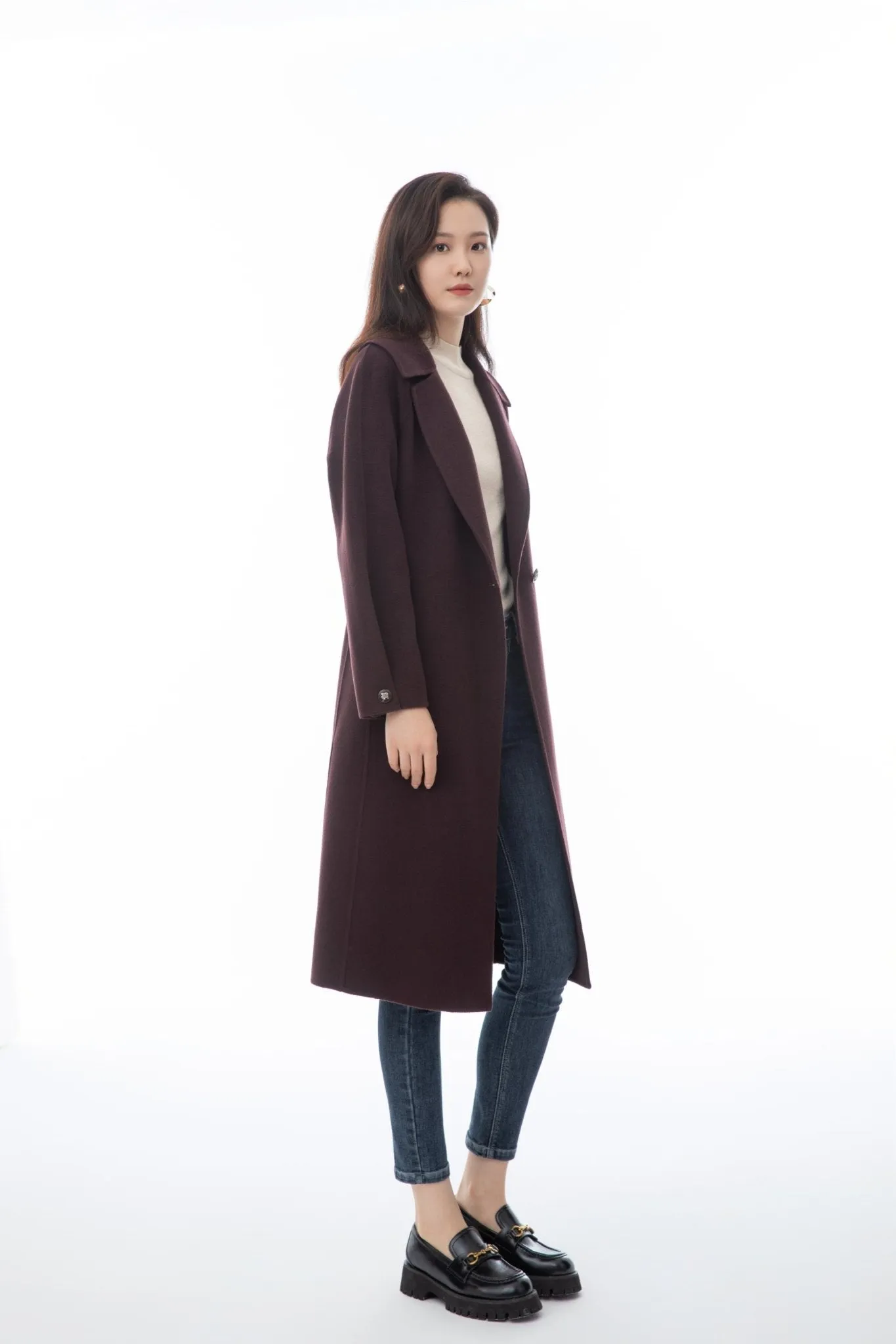 Maroon Wool Long Overcoats with Waistband