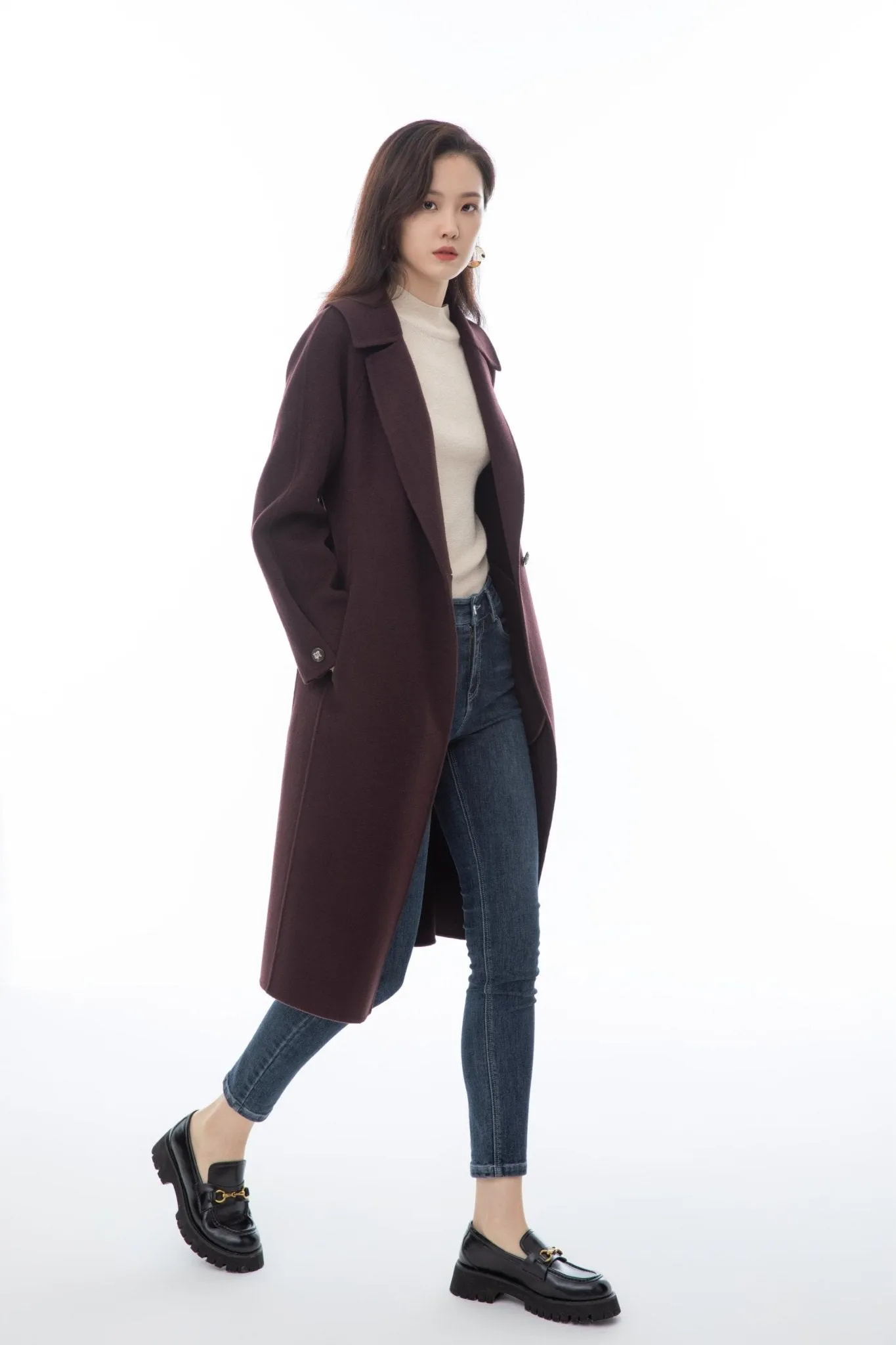 Maroon Wool Long Overcoats with Waistband