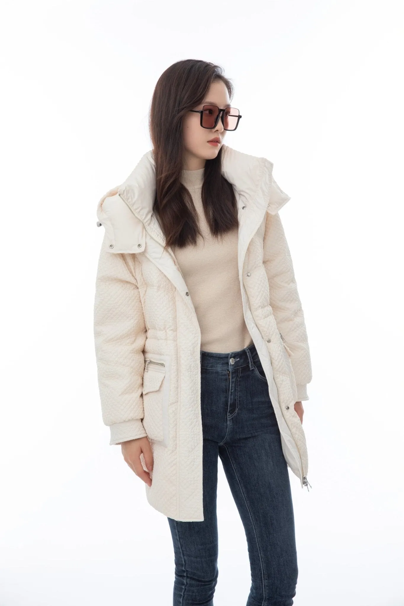 Morganite White Mid-Length Down Jacket