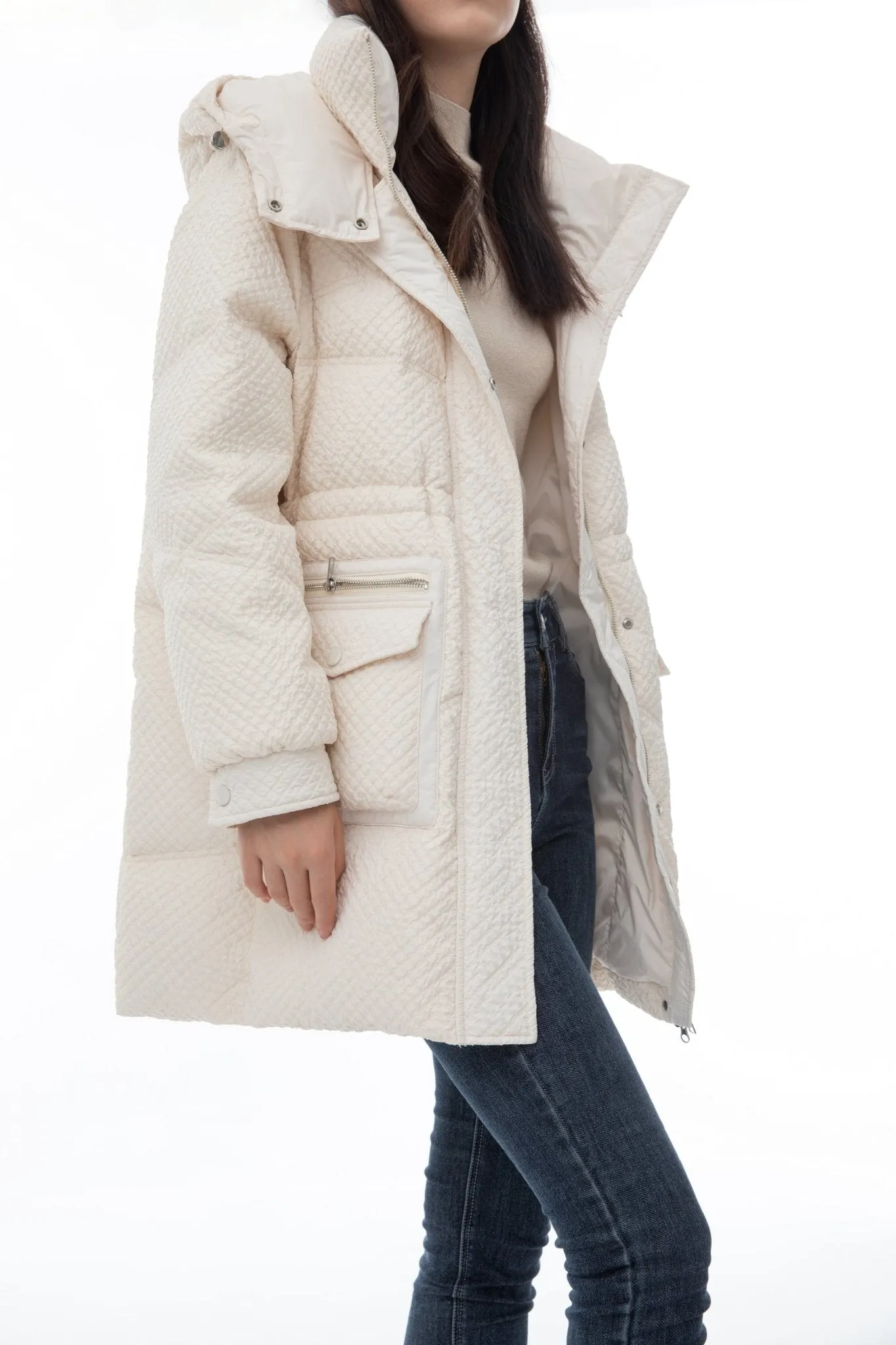 Morganite White Mid-Length Down Jacket