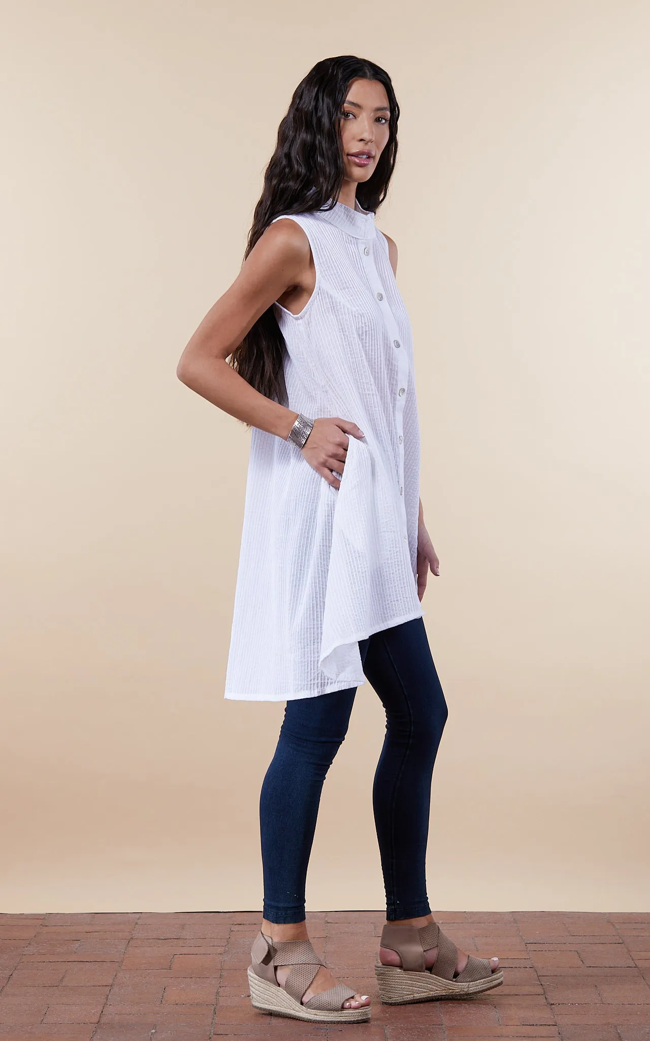 Pintuck Vest, High Low Hem, White