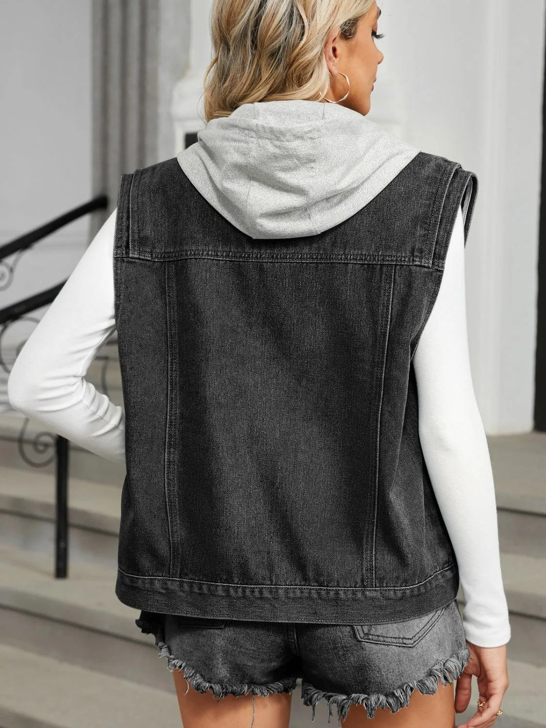 Pocketed Button Up Sleeveless Denim Jacket