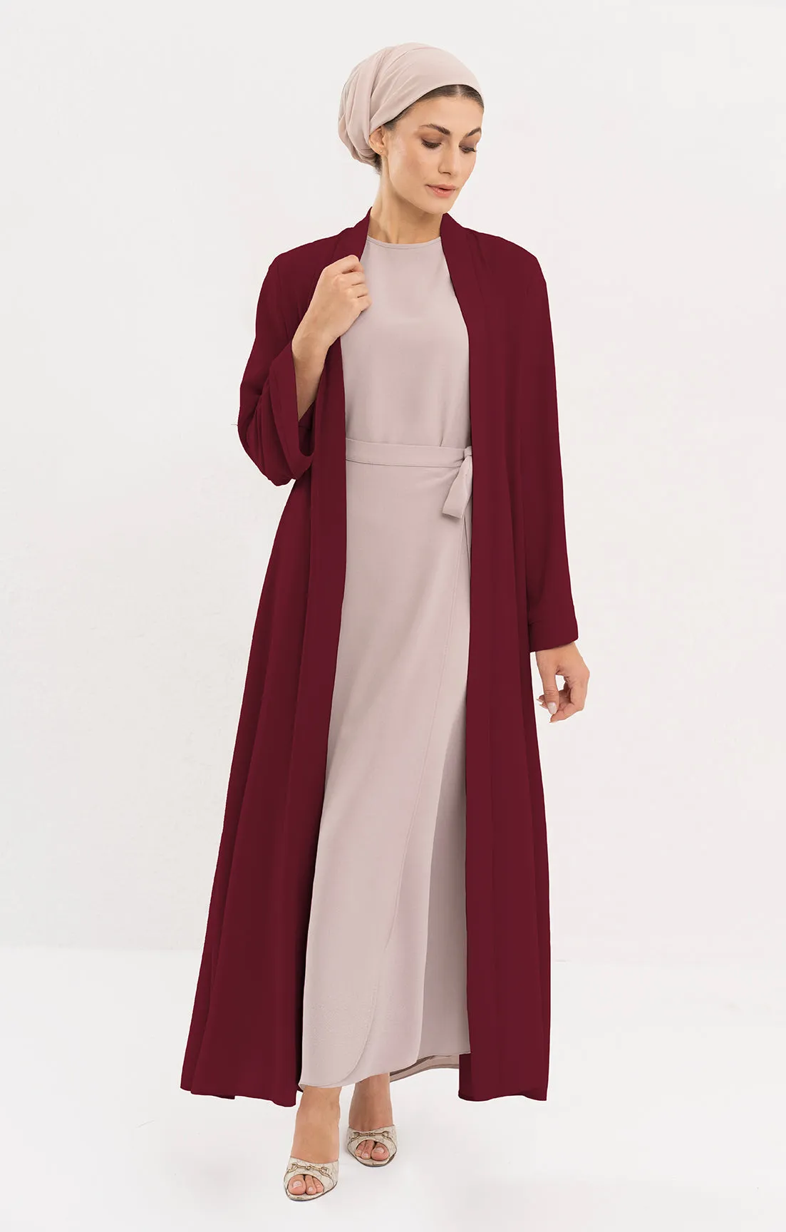 Sebil Modest Long Open Front Duster Jacket - Maroon