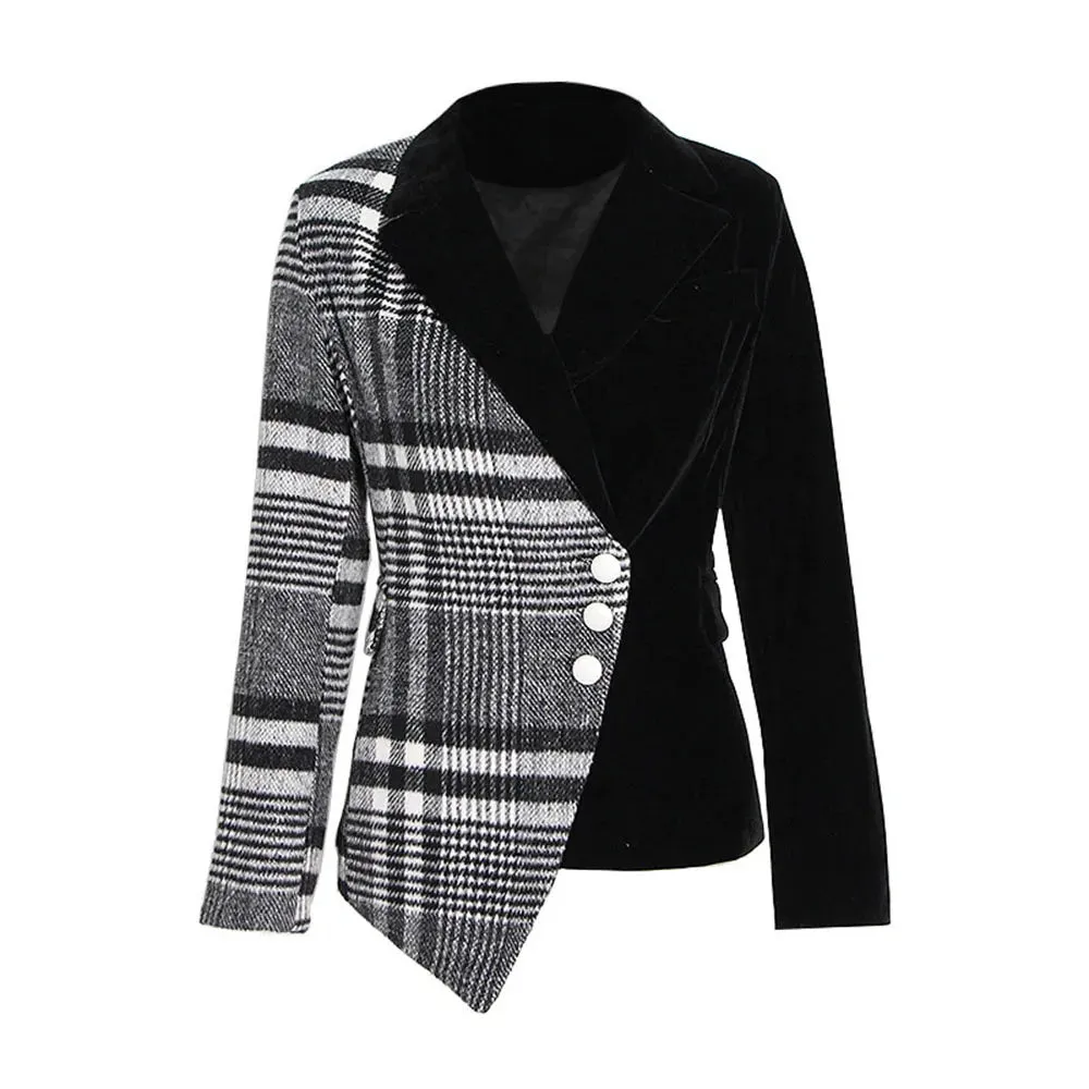 Spliced Single Breasted Plaid Coats For Women Notched Collar Long Sleeve Patchwork Pocket Chic Blazer Female New