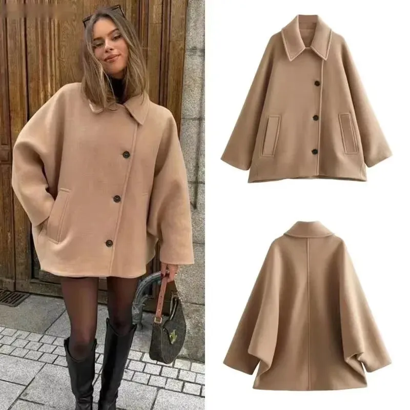 TAVIMART  -  Diagonal Breasted Warm Loose Jacket Women Lapel Double Pocket Batwing Sleeve Solid Coats Winter Female Chic Vintage Outwear