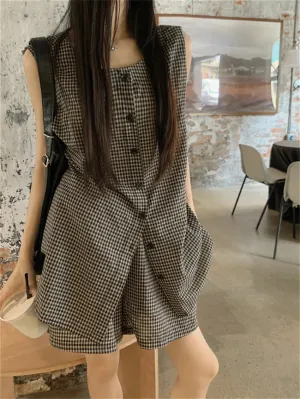 TAVIMART  -  Minimalist Women Two Pieces Suits Chic Office Lady Vest Coats Plaid Wide Leg Shorts Loose Work Wear Elegant Set