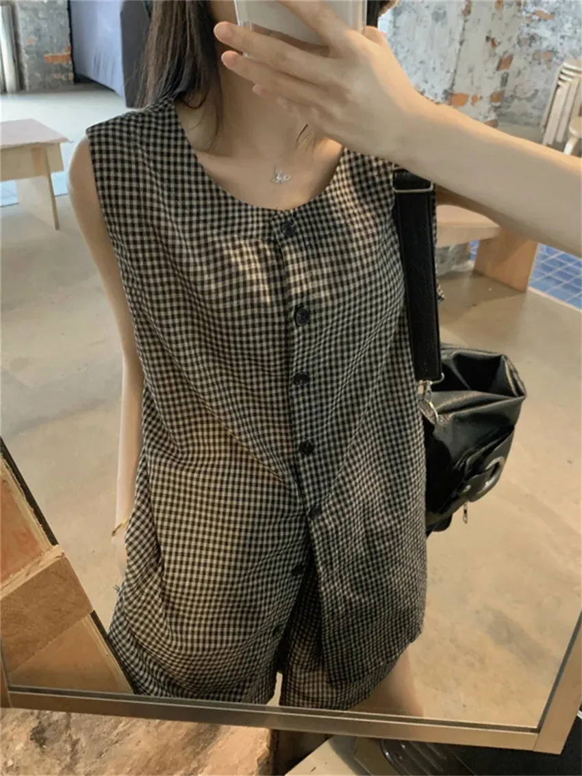 TAVIMART  -  Minimalist Women Two Pieces Suits Chic Office Lady Vest Coats Plaid Wide Leg Shorts Loose Work Wear Elegant Set