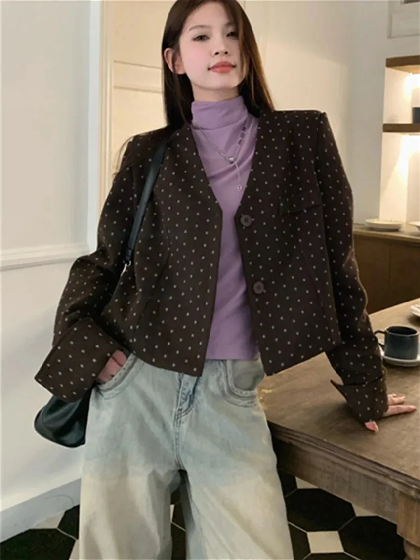 TAVIMART  -  Office Lady Coats New Woolen Chic Elegant Women Autumn Polka Dots Slim High Street Casual Work Wear V-Neck