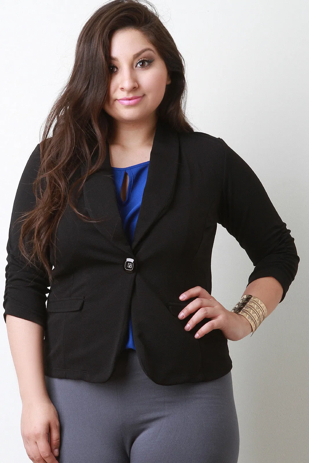 Textured Single Button Ruched Sleeve Blazer