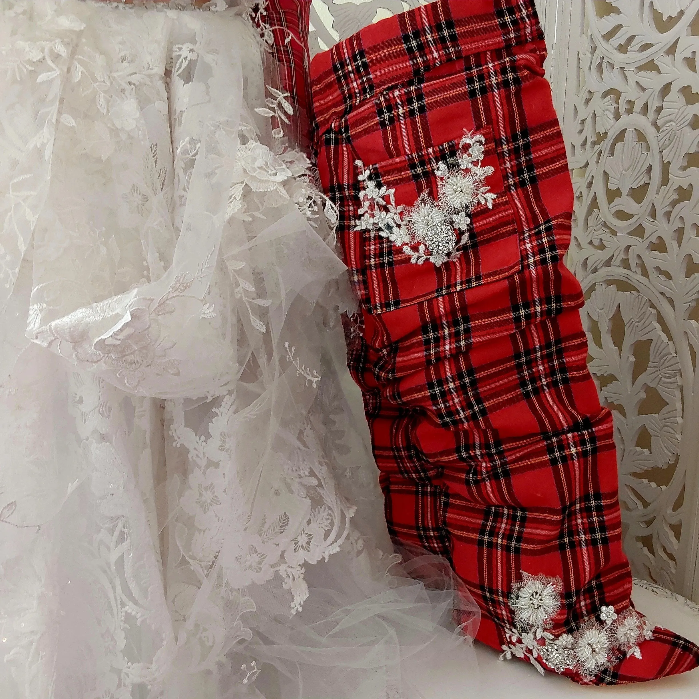 The "MARY STEWART" Scotland Inspired Red Plaid & Lace Wedding Ballgown Set