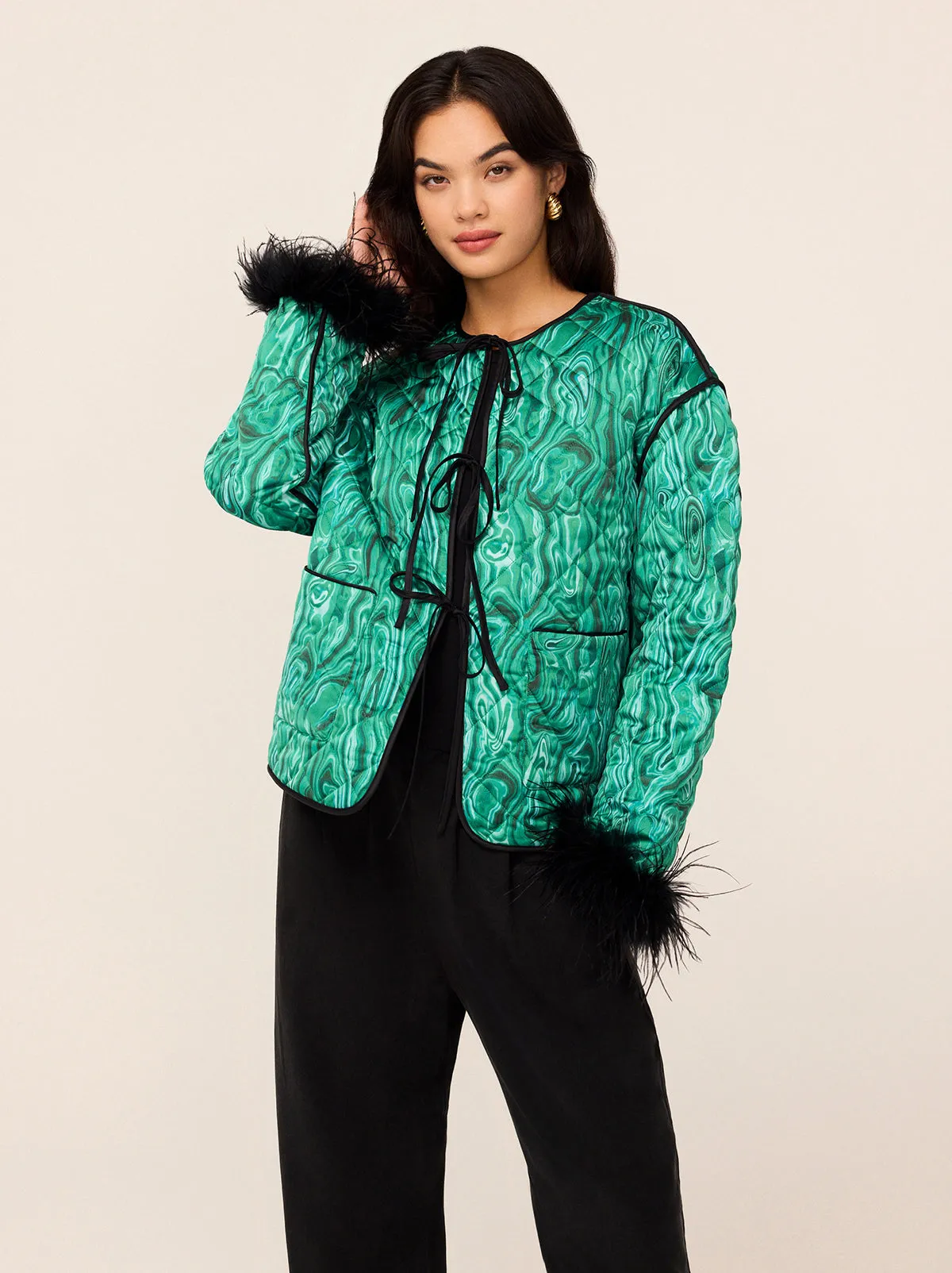 Theodora Green Malachite Print Quilted Jacket