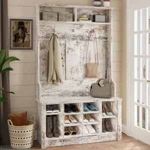 versatile 3 in 1 Hall Tree with Storage Bench, Entryway Tree Bench with Coat Rack, White